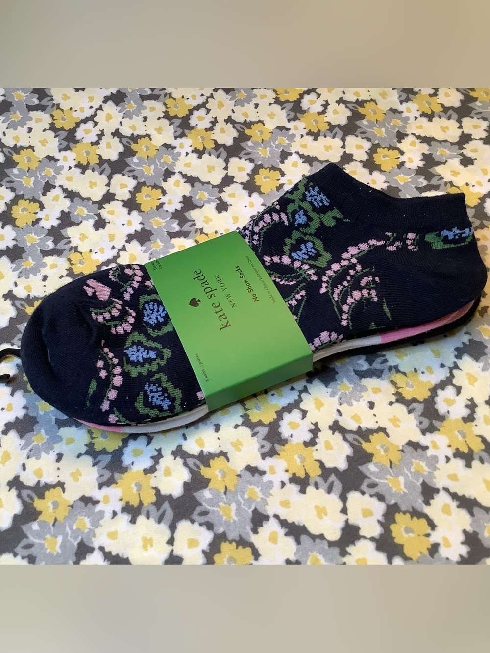 kate spade Black No-Show Socks with Pink, Blue & Green Floral Design